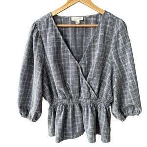 Treasure & Bond Blouse Top Grey White Plaid Smocked Preppy Business Academia XL